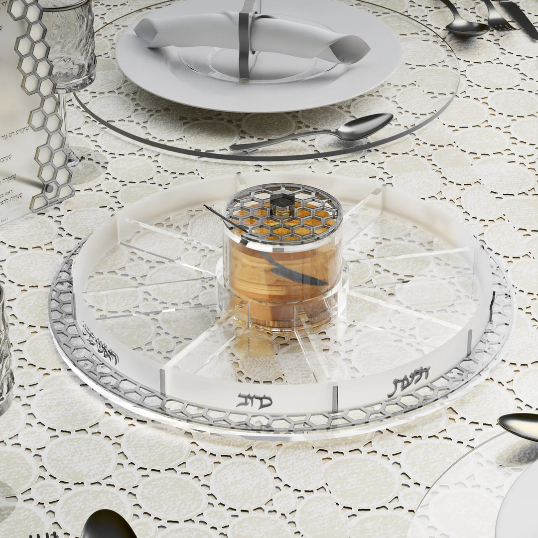 Simanim Tray & Honey Jar, Honeycomb - Silver