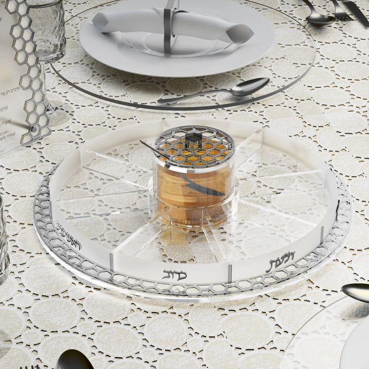 Simanim Tray & Honey Jar, Honeycomb - Silver