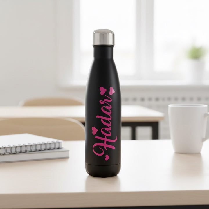 Black insulated tumbler with hot pink personalization