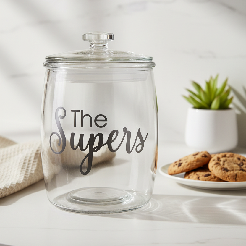 Glass jar with 'The Supers' text on a kitchen counter