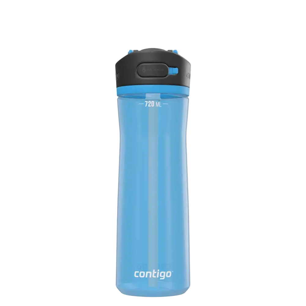Blue Contigo water bottle with black lid on a white background