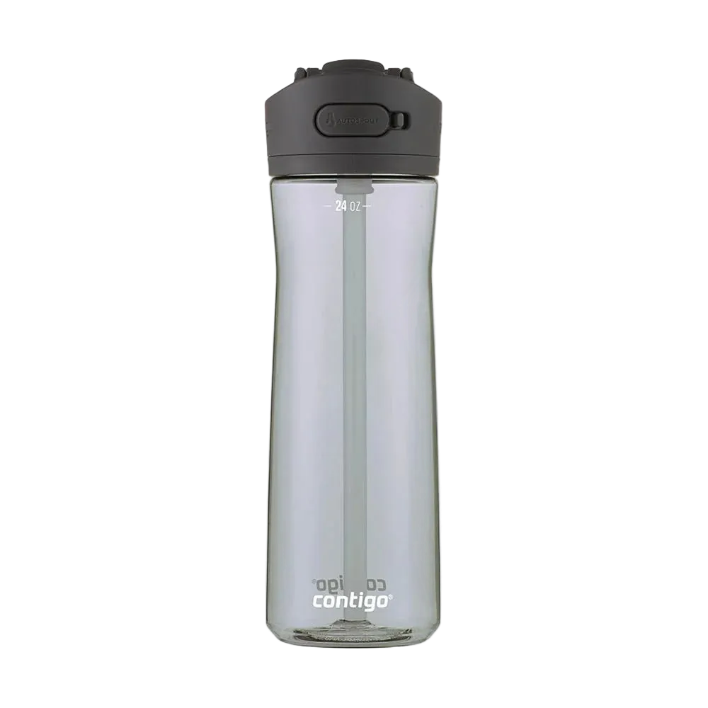 Grey Contigo water bottle with black lid on a white background