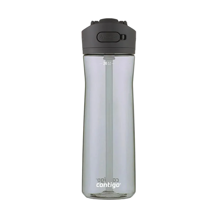 Grey Contigo water bottle with black lid on a white background