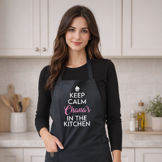 Woman wearing a black apron with text in a kitchen setting