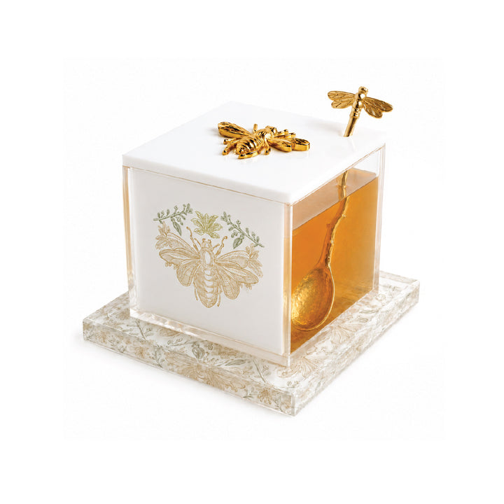 Gilded Bee honey dish in marble and lucite with sculpted gold bee and dragonfly spoon