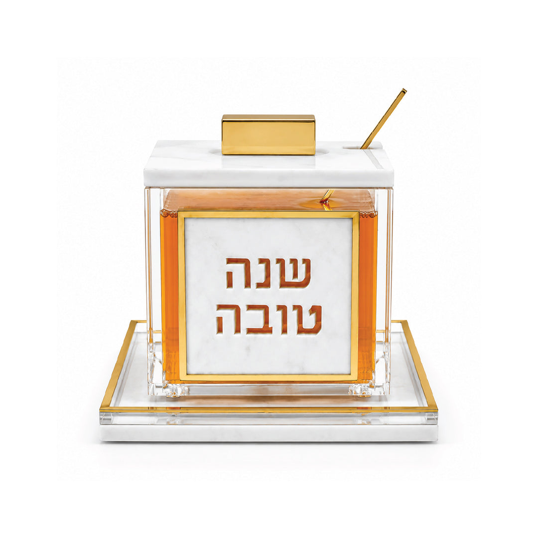 Gold Rimmed marble and lucite honey dish, front view with Shana Tova panel