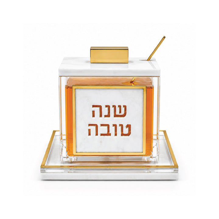 Gold Rimmed marble and lucite honey dish, front view with Shana Tova panel