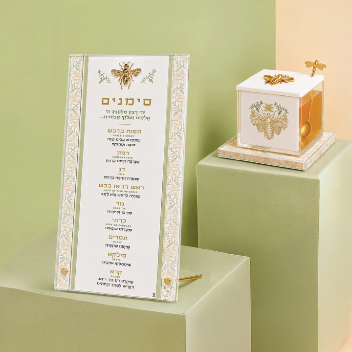 Honey Dish and XL Simanim Card Set, Gilded Bee style, styled tabletop scene