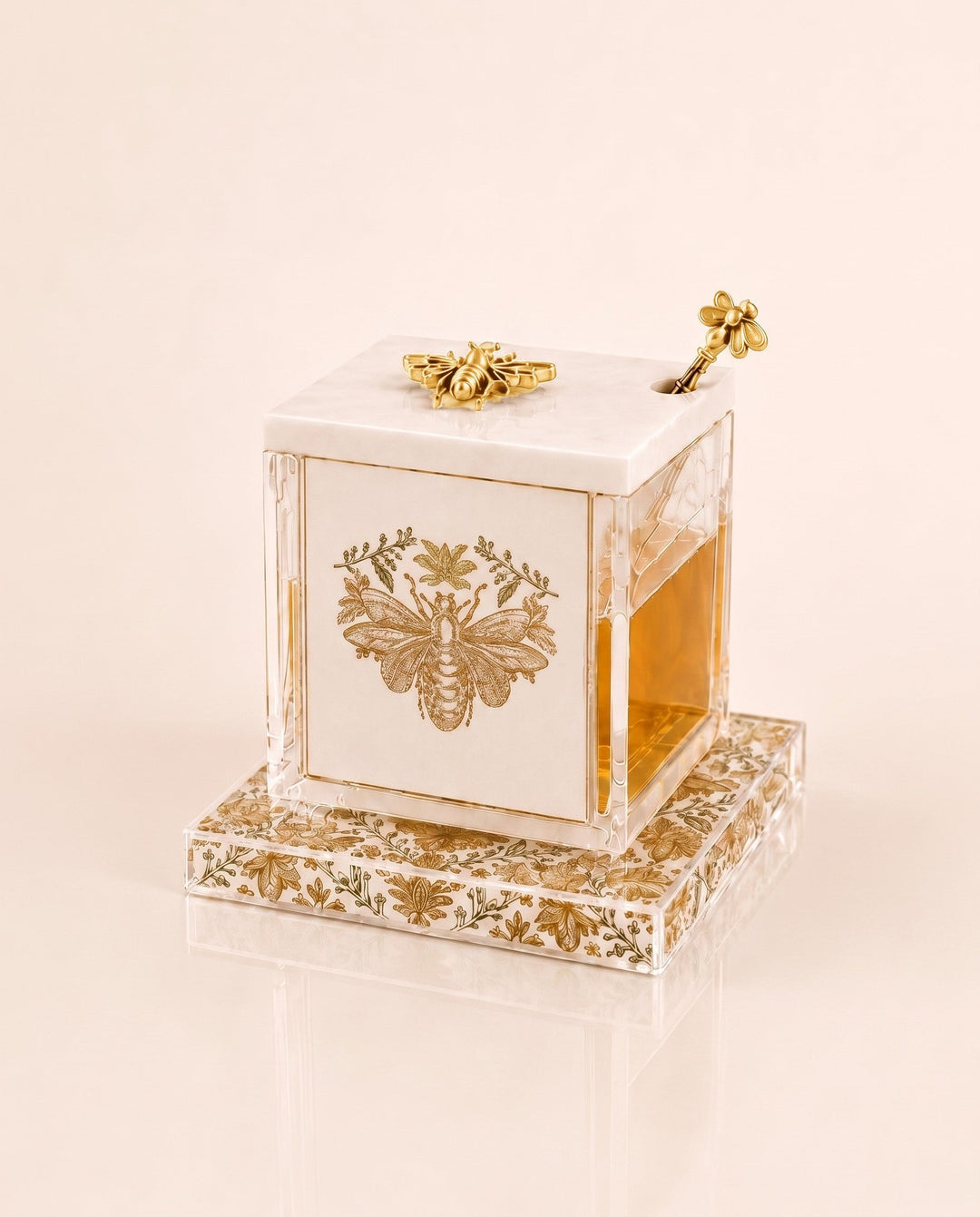 Corporate honey dish — Bee design with polished gold bee and honey spoon