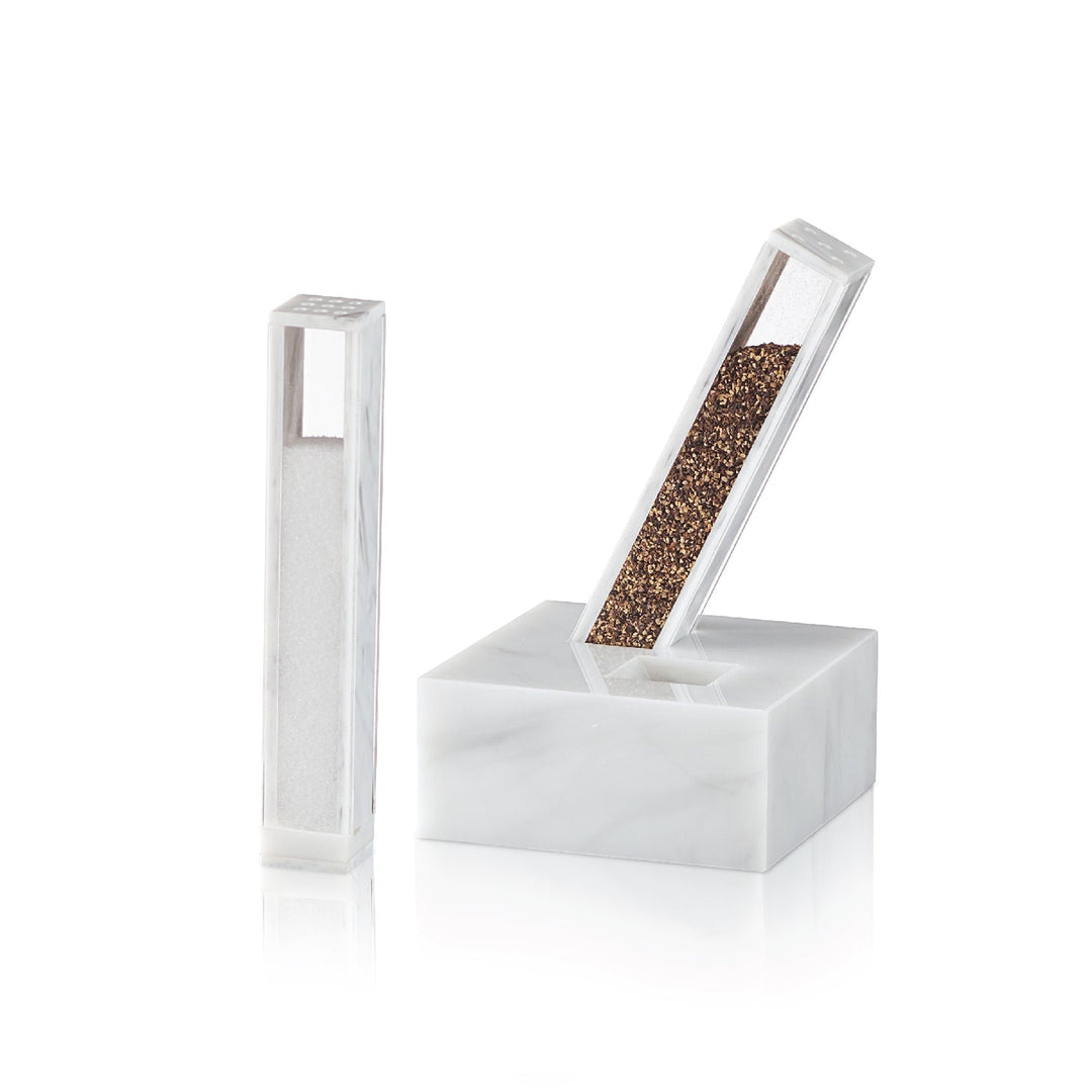 White marble lucite salt and pepper shakers on square base — The Yom Tov Table, Personalize It Corporate