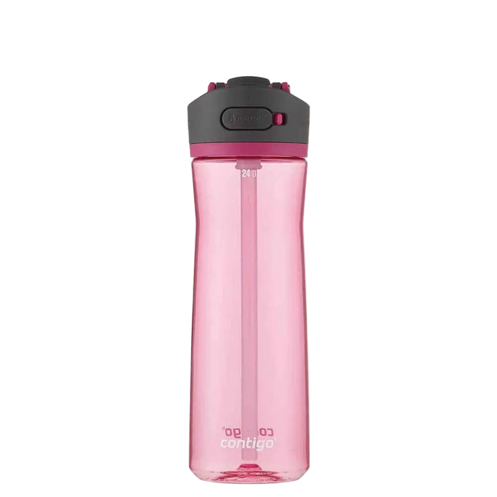 Pink Contigo water bottle with black lid.