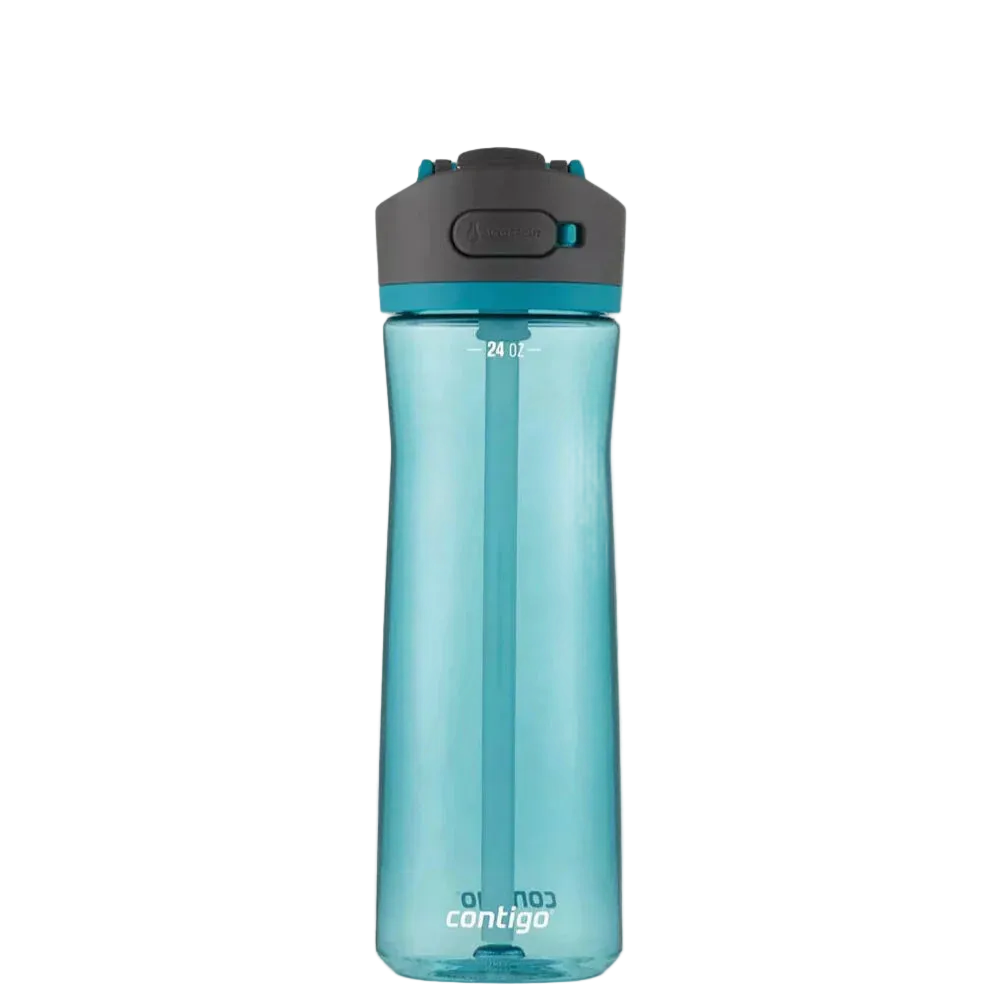 turquoise Contigo water bottle with black lid on a white background
