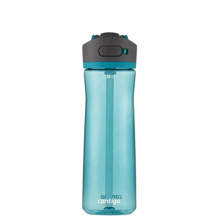 turquoise Contigo water bottle with black lid on a white background